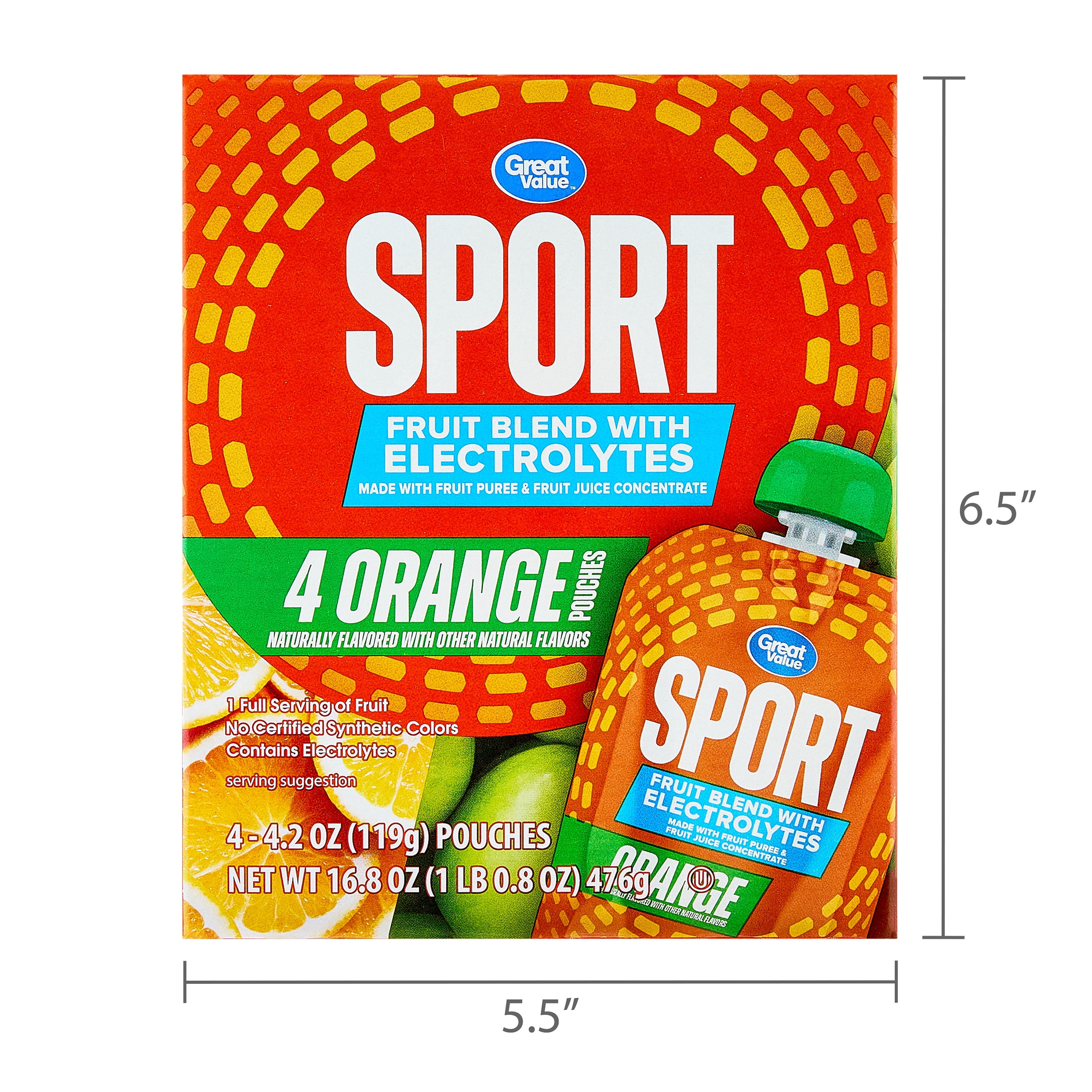 (4 pack) Great Value Sport Fruit Blend Applesauce with Electrolytes, Orange, 16.8 oz, 4 Count Carton