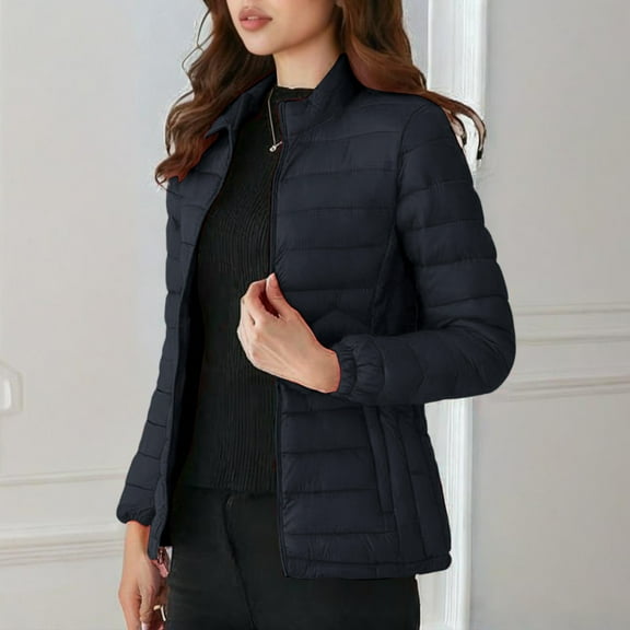 gbyLJF Women's Lightweight Down Jacket Solid Color Zip Up Long Sleeve Coats Slim Fit Stand Collar Cotton-padded Jacket