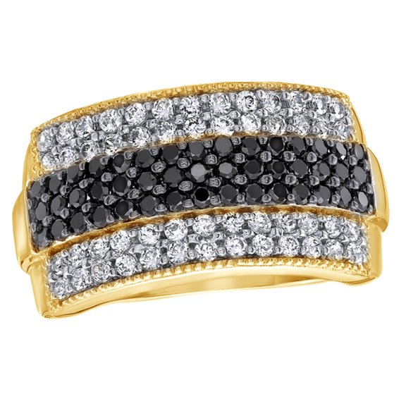 AFFY Round Cut Black & White Natural Diamond Anniversary Ring in 10k Yellow Gold