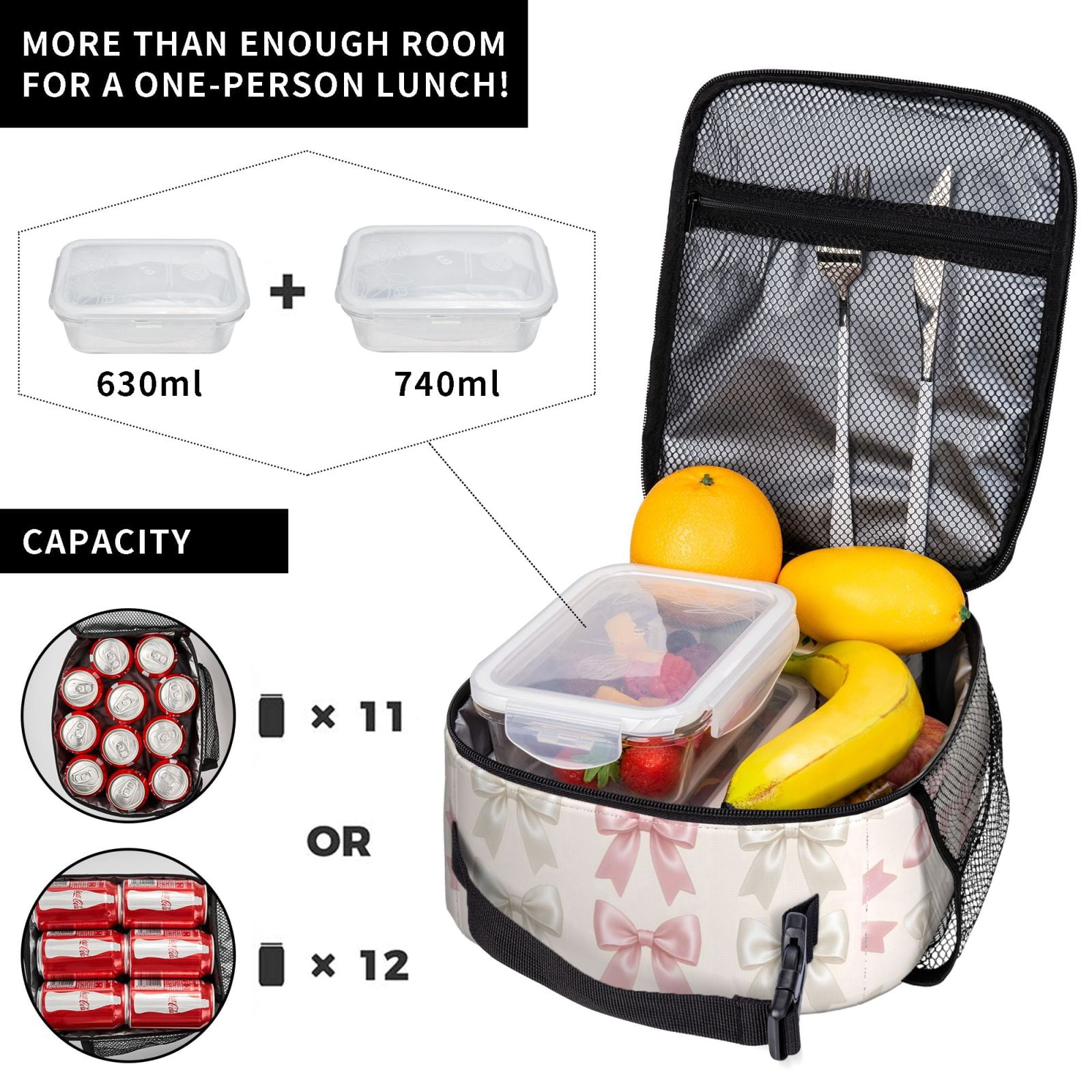 Lunch Bag For Women Men Insulated Portable Lunch Box Bento Box Office Picnic Travel Cooler Bag Elegant Pastel Satin Ribbon Bow Pattern