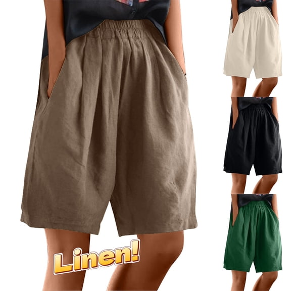 Taqqpue Women Bermuda Shorts Linen Knee Length Elastic High Waisted Short Solid Color Plus Size Shorts with Pockets for Women