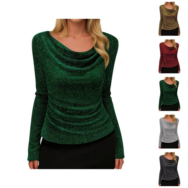 Sparkly Tops for Women 2026 Spring Fashion Long Sleeve Cowl Neck Stretch T Shirts Going out Tops Rave Outfit