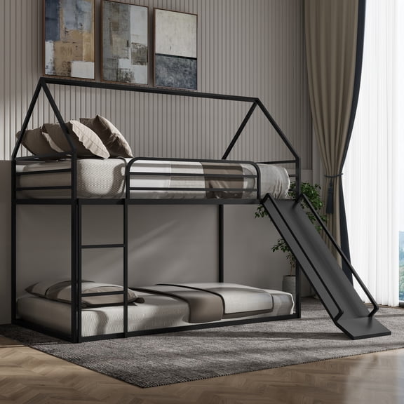 Twin over Twin Metal House Bunk Bed with Slide and Ladder, Black