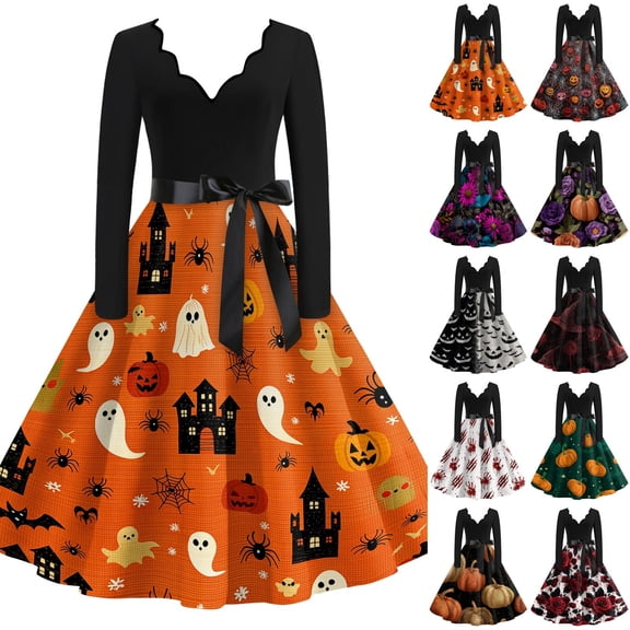 Women's Halloween Dress Witch Hat 1950s V-Neck Classic Tea Length Dress Candy Cocktail Long Sleeve Fall Swing Dress with Belt 2XL