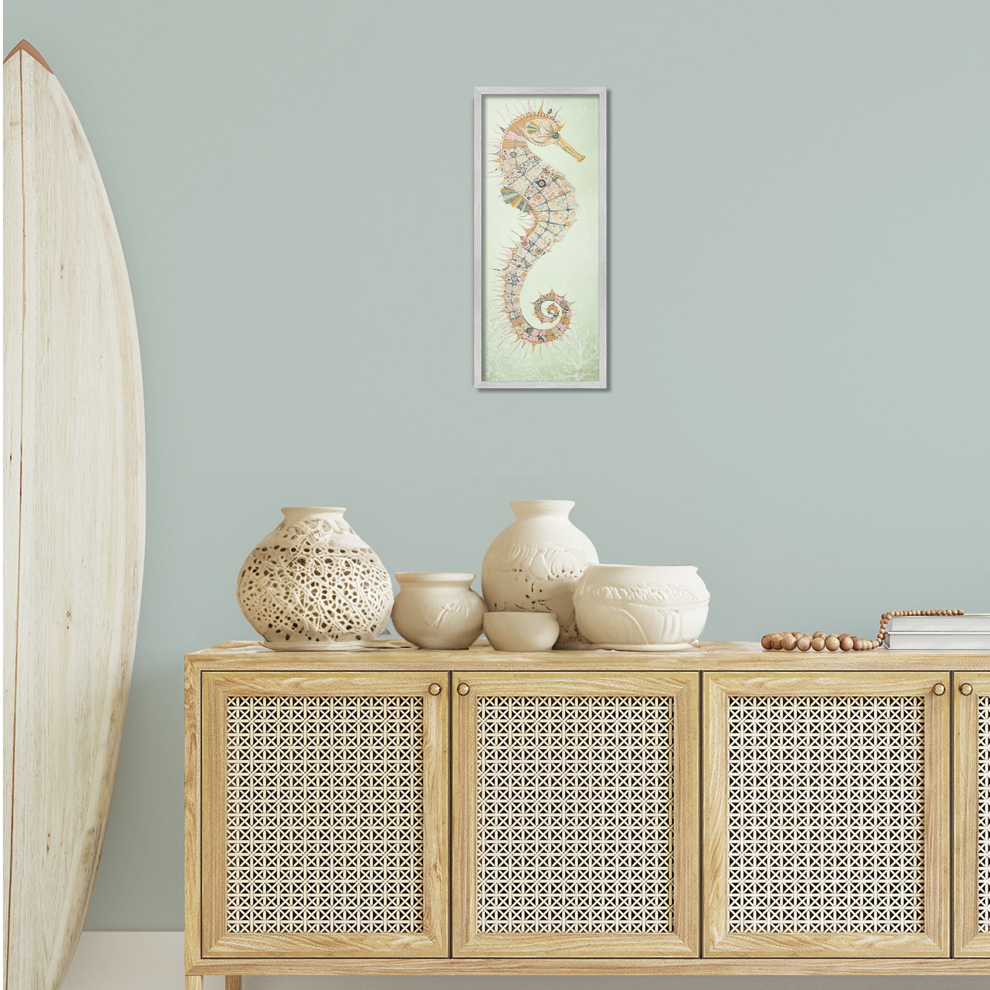 Stupell Industries Patterned Spikey Seahorse Animals & Insects Painting Gray Framed Art Print Wall Art, 10 x 24