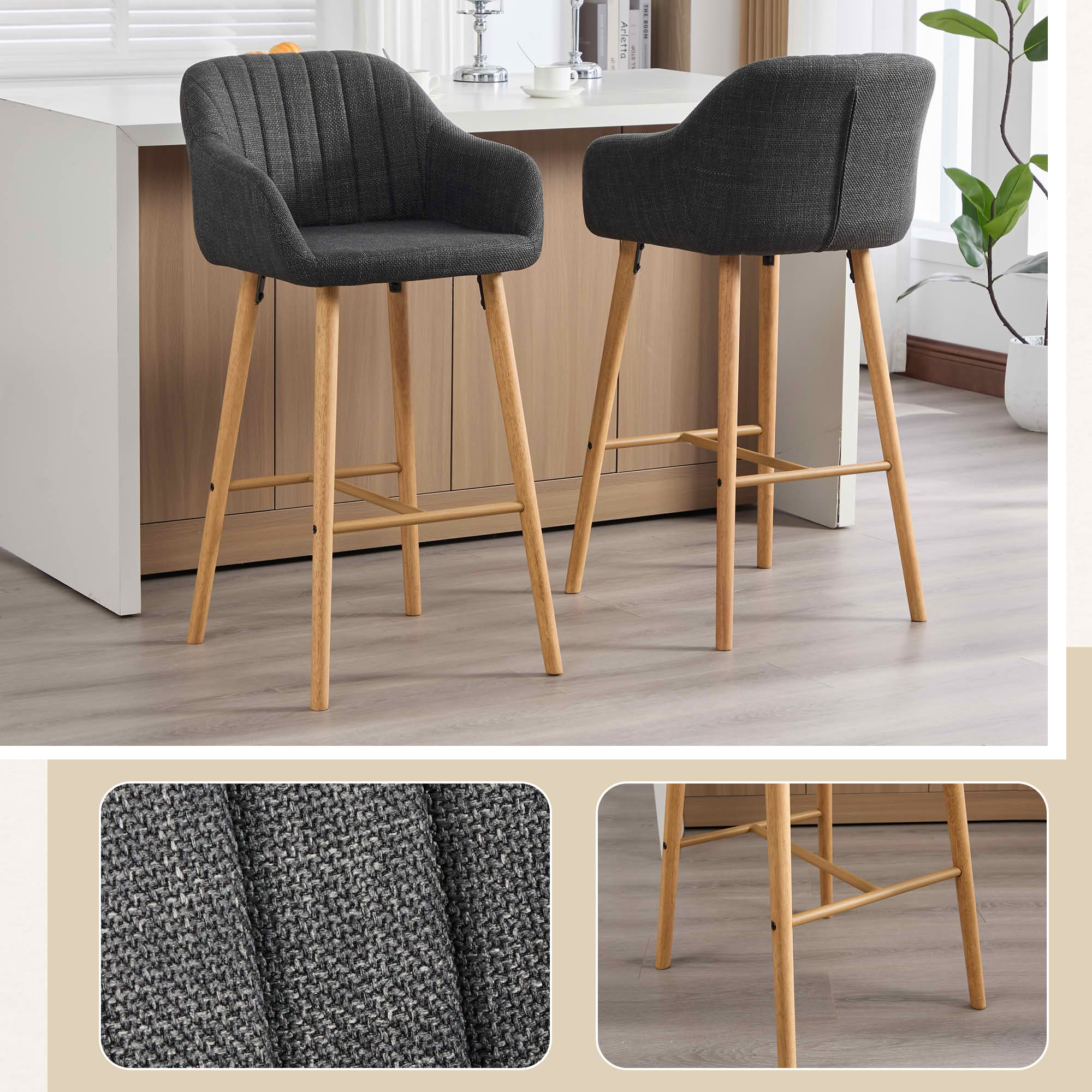 MAYEERTY Bar Stools Set of 2, Linen Kitchen Island Chairs with Back, Arms, Footrest and Solid Oak Legs, Black