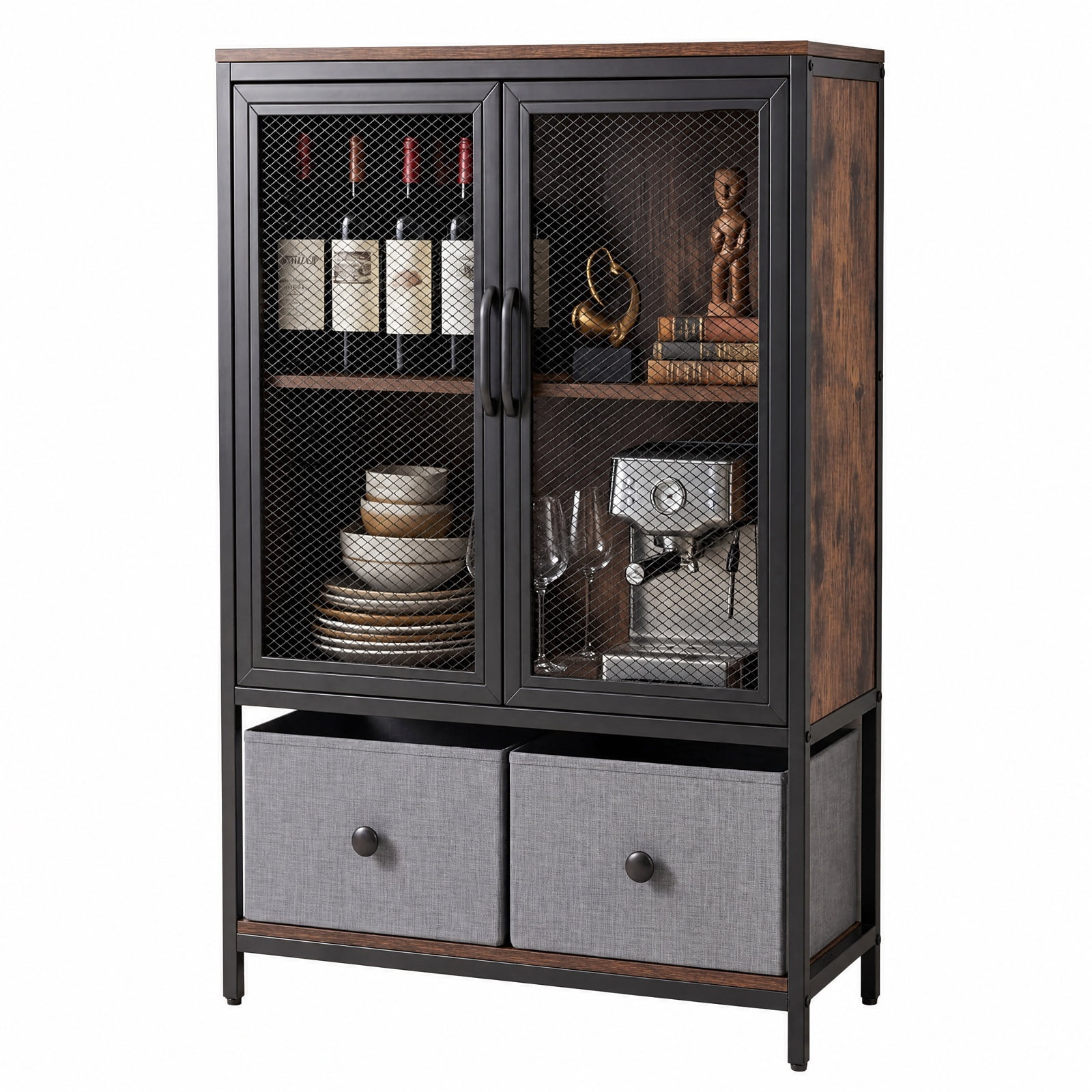 Furnibear Industrial Coffee Bar Cabinet with 2 Tier Open Shelves and 2 Cloth Drawers for Home Kitchen Coffee Station Storage, Rustic Brown