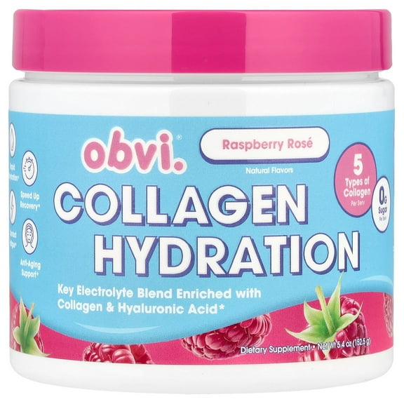 Obvi Hydration Powder | Electrolytes with 5 Collagen Types & Hyaluronic Acid | Sugar-Free Raspberry Rose Hydration, 30 Servings