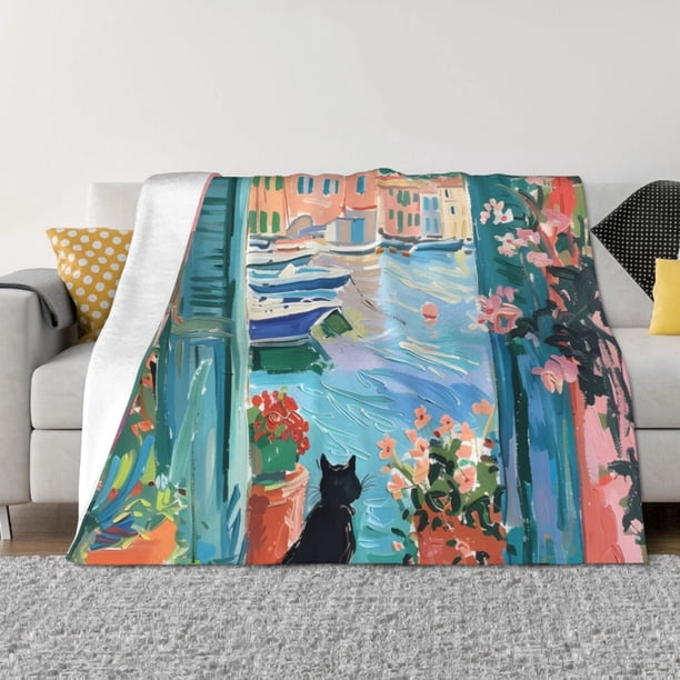 Fotbe Coastal Cat By The Window Manta de Franela con Estampado, Manta Ultrasuave para Cama, Sofá, Auto, Hipoalergénica y Antibolitas-50"x40"