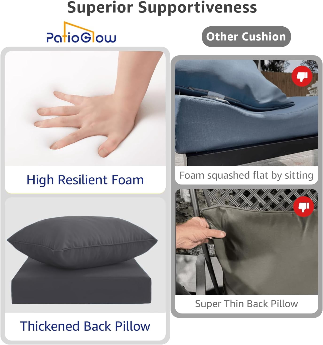 Outdoor Seat Cushion Set 22 x 24 x 4 Inch, Waterproof & Fade Resistant Patio Furniture Cushions with Removable Cover and Ties, Thick Deep Seating Pads for Outside Chair Sofa Couch, Grey
