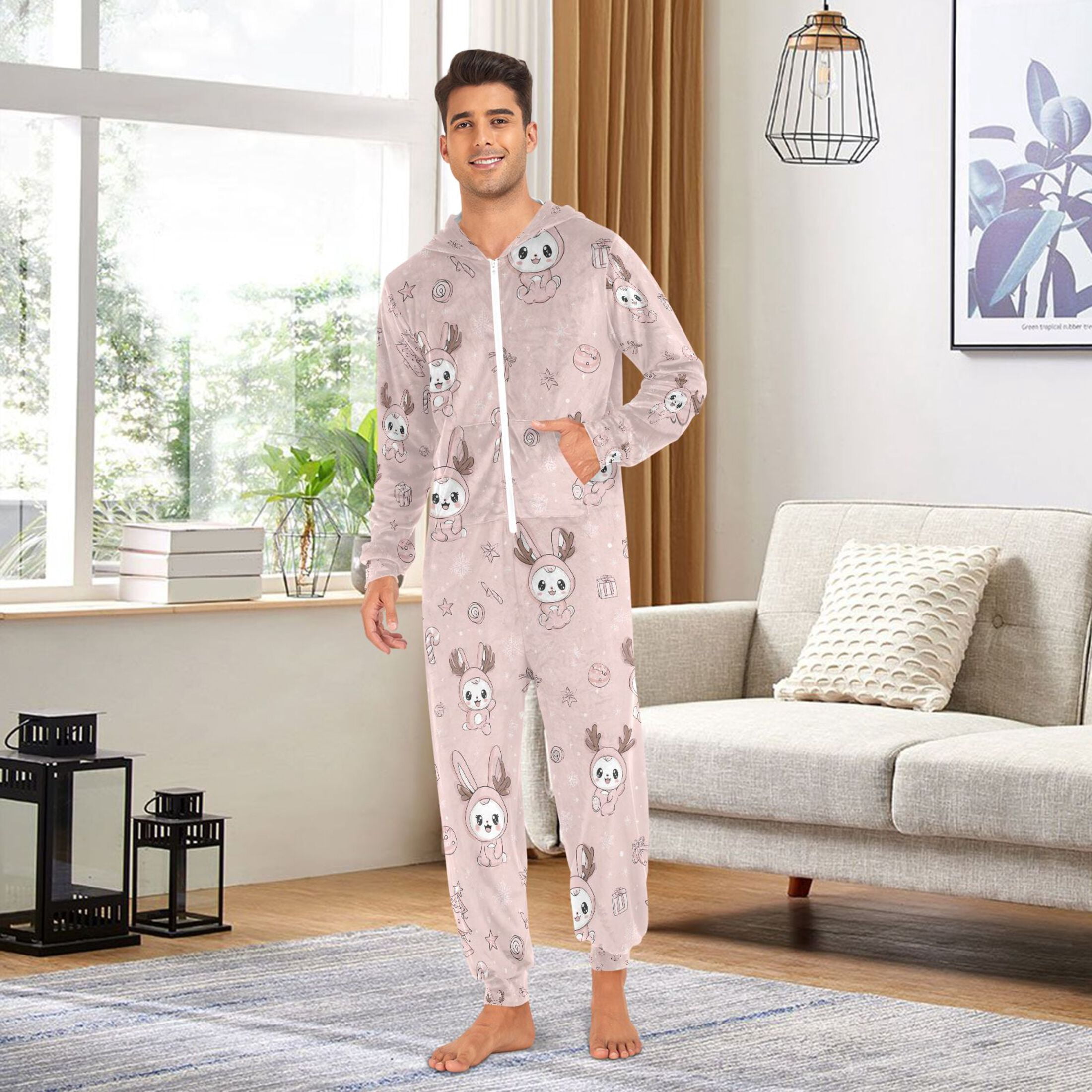 Adult Christmas Onesie Cute and Funny Rabbit Adult Zipper One-Piece Pajamas Unisex Pajamas with Pockets