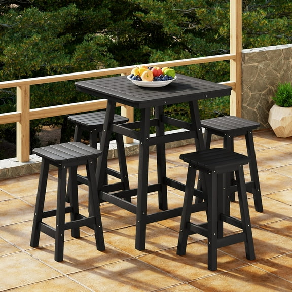WestinTrends Malibu 5-Piece HDPE Outdoor Patio Dining Bar Bistro Table Set with Counter High Bar Stool, Black