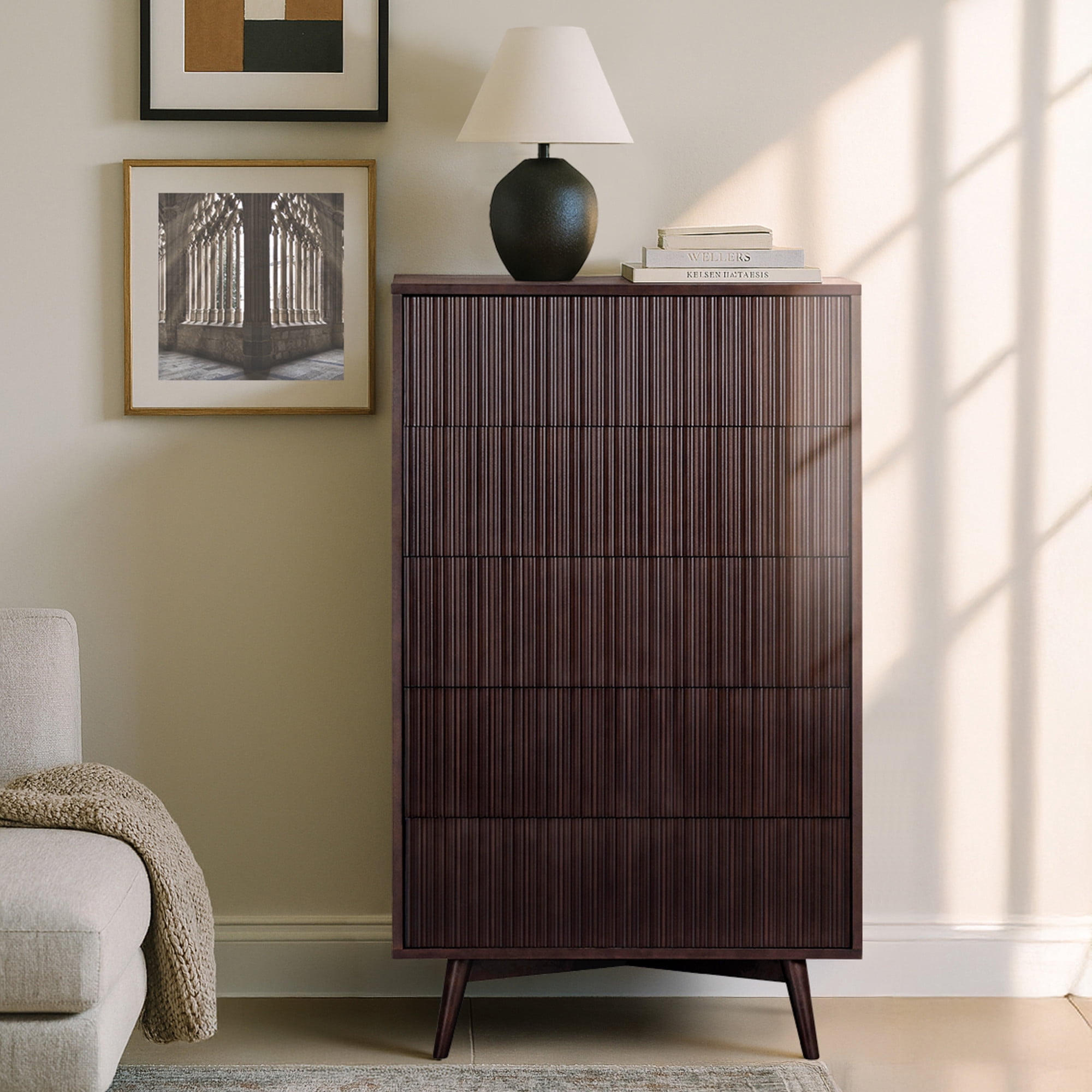 Tremolo 5-Drawer Dresser, Espresso – Teamson Home: Push-Open Chest of Drawers with Natural Acacia Fluted Fronts for Modern Bedrooms & Closet Storage
