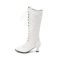 thumbnail image 5 of Women's Knee High Combat Boots Vintage Leather Lace Pactchwork Pointed Toe Kitten Heels Lace up Cocktail Party Dess up Gothic Riding Boots White, 5 of 6
