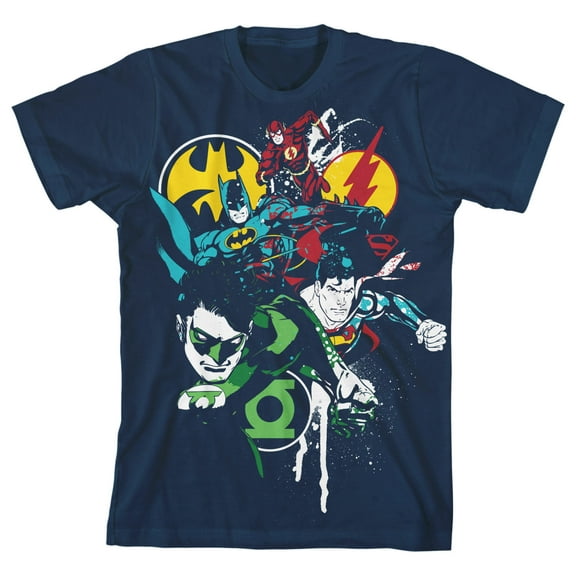 The Justice League Stenciled Superhero Graphics Youth Navy Blue Graphic Tee-Medium