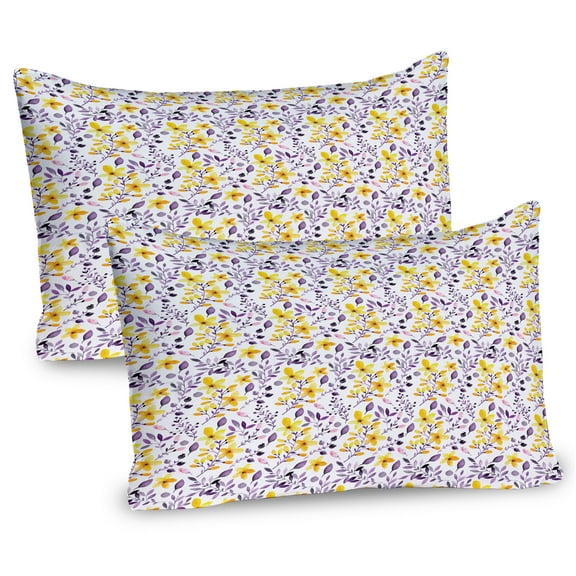 Ambesonne Spring Pillow Sham 2 Pack, Rural Flowers and Leaves, 30"x20", Yellow Purple White