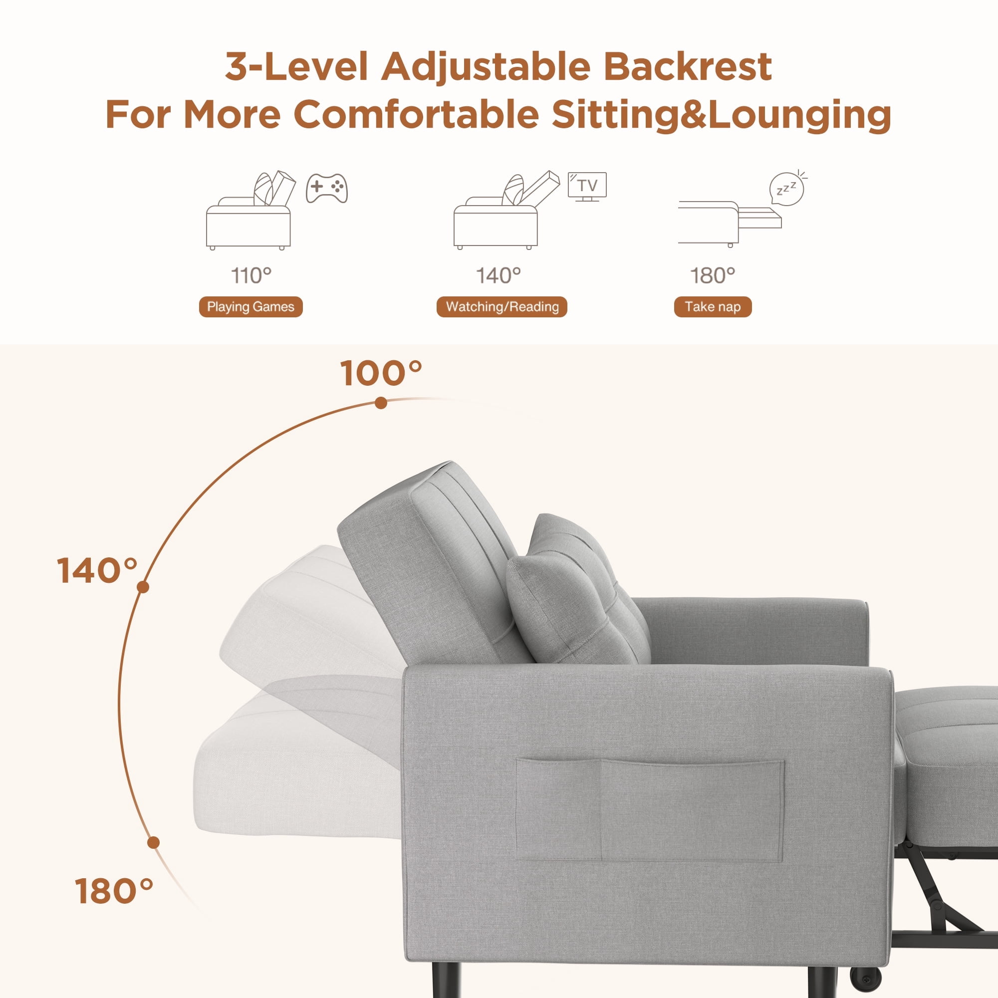 Lofka 74” Sofa Bed Convertible Sleeper Chair Bed for Living Room|Office, Light Gray,1 Count