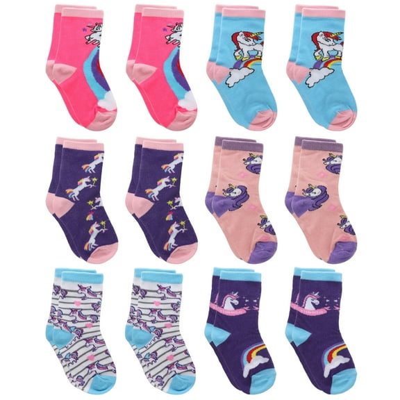 12-Pack Colorful Unicorn Pattern Girl Toddler Kids Cotton Crew Socks 80% Cotton 20% Polyester Small 4-6 Years