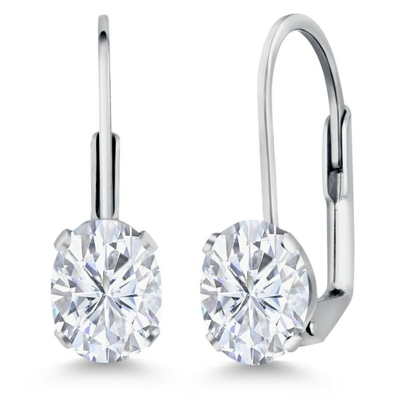 Gem Stone King White Zirconia Rhodium Plated Leverback Earrings for Women (3.00 Cttw, Gemstone Birthstone, Oval 7X5MM)