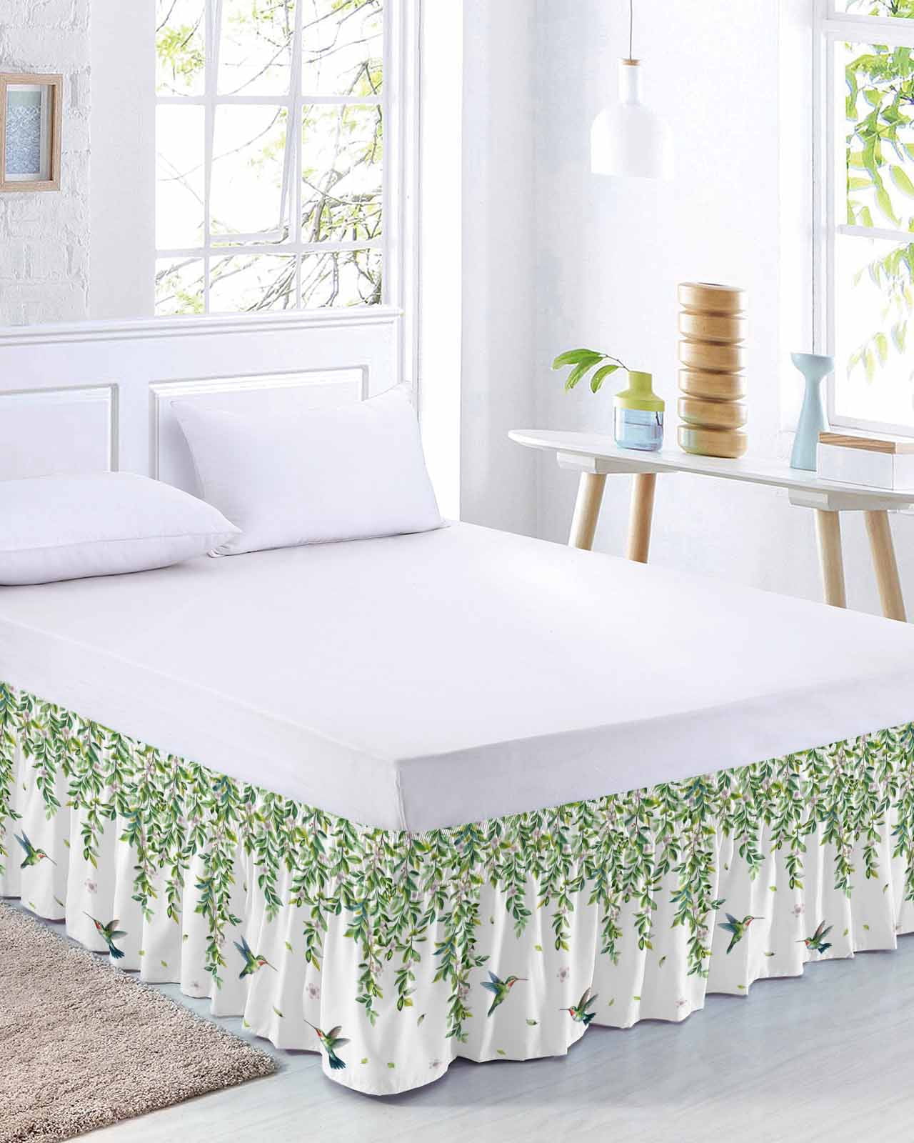 Spring Leaves Bed Skirt California King Size 18 Inch Drop, Watercolor Falling Green Leaf Floral Plant Flying Birds Adjustable Elastic Dust Ruffles Bedskirt Wrap Around Pleated Mattress Frame Cover