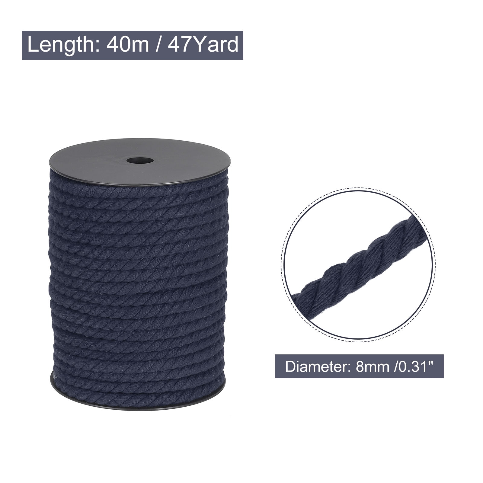 Cotton Rope 3 Strand Twisted Braided Rope Cord, Navy Blue 40m/47 Yard 8mm Dia for Wall Hanging, Plant Hanger