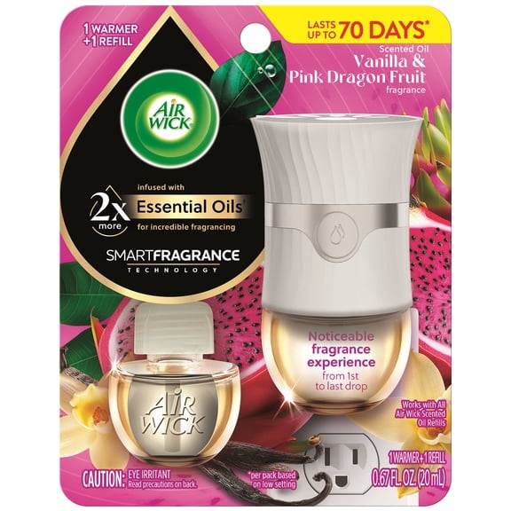 Air Wick Plug-In Vibrant Scented Oil Air Freshener Warmer Kit, Vanilla and Pink Dragon Fruit, 1 Warmer and 1 Refill