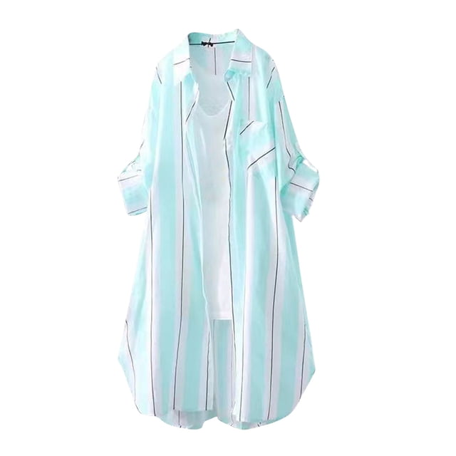 vdgthytj Plus Size Tops for Women Long Sleeve Fall Button down Collared Lightweight Tunics Casual Striped Outwear