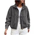 thumbnail image 2 of VBVC Women's Zip Up Denim Bomber Jacket , Casual Collared Jean Coat For Women , Ladies' Elastic Hem Outerwear with Pockets, Gray , S-2XL, 2 of 9