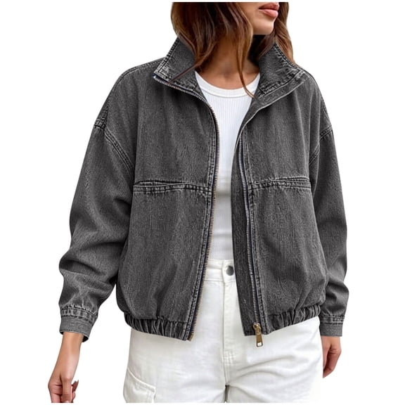 WAGUTH Womens Cropped Denim Bomber Jackets Zip Up Stand Collar Long Sleeve Loose Jean Jacket with Pockets for Streetwear