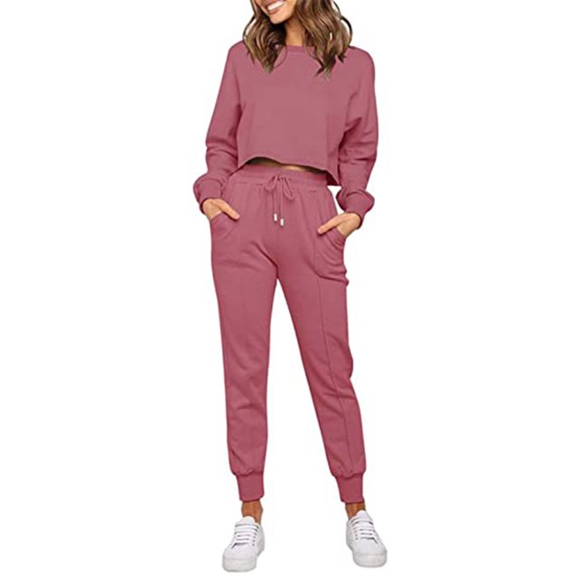 GZWYHT Ensembles pour Femmes Ensembles à Manches Longues pour Femmes Ensemble Deux Pièces pour Femmes Dégradé Couleur Unie Col Rond Manches Longues Hauts Décontractés et Pantalons Longs Ensemble de Sport Ensembles de Détente pour Femmes Survêtements pour Femmes Ensemble Rose G