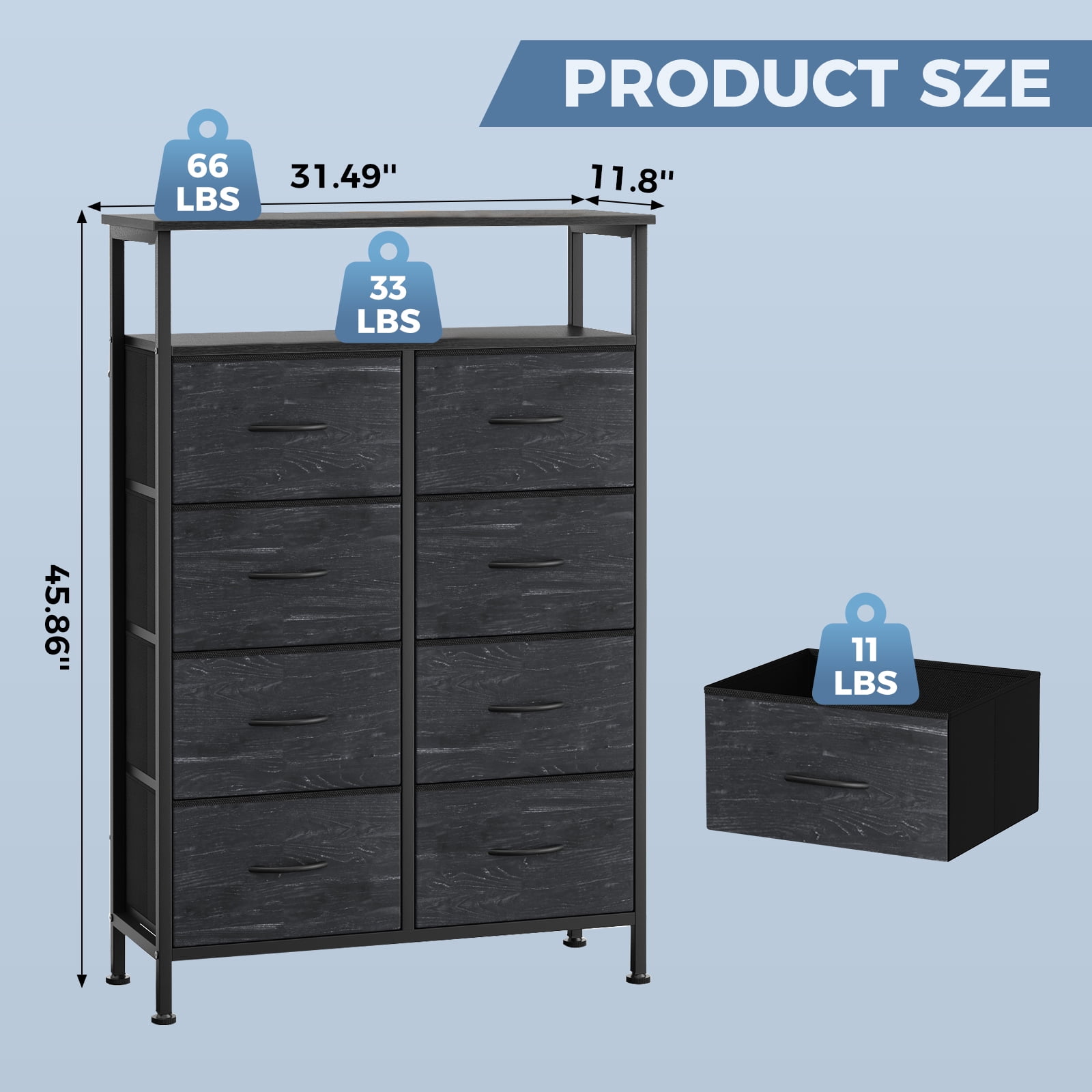 CONCETTA 8-Drawer Fabric Storage Cabinet with Open Shelf, 45.9-inch Tall for Bedroom, Living Room, All Ages, Wood Black, Wood Black
