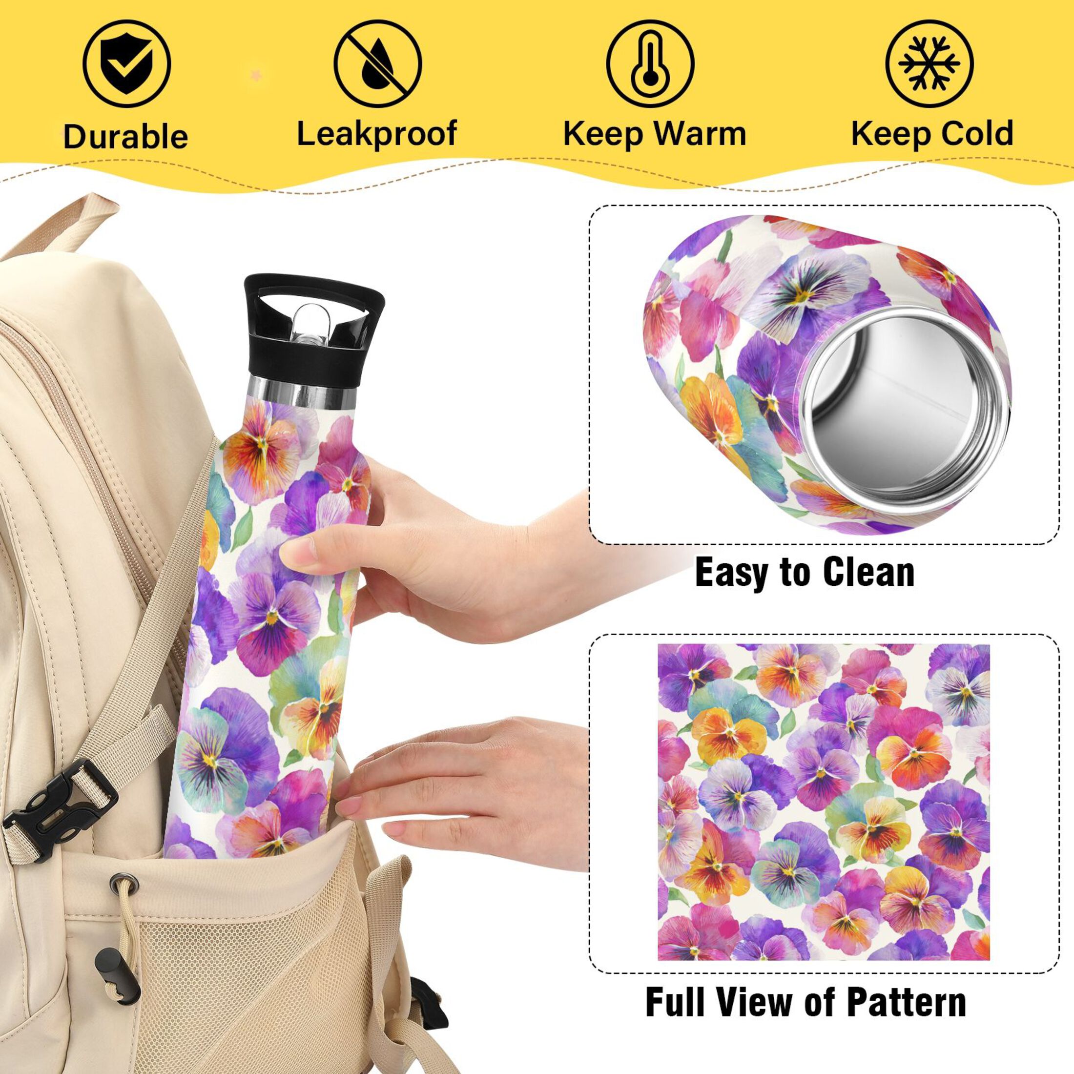 Kids Insulated Stainless Steel Sports Water Bottle 600ml (20oz) Pansy Pattern