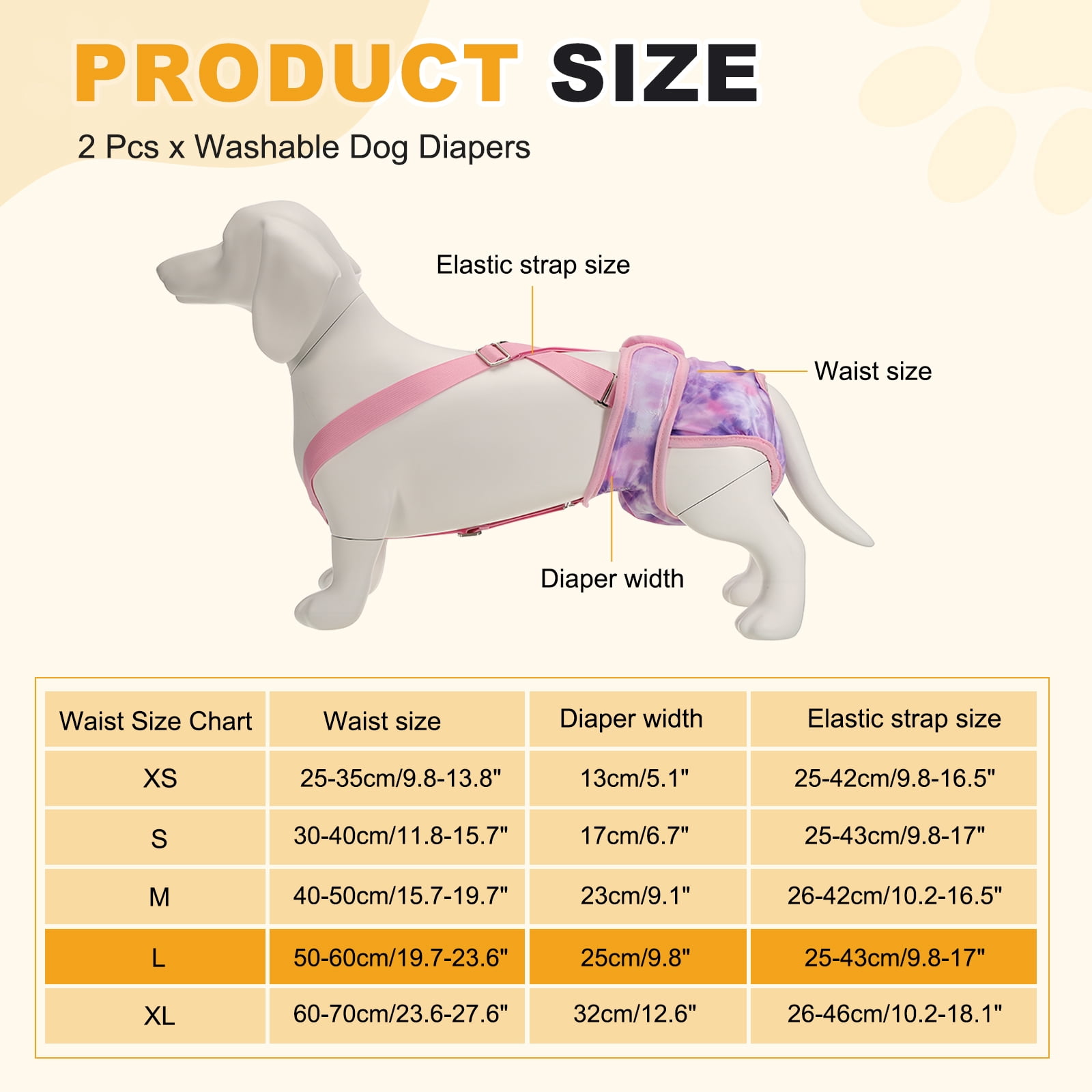 Washable Female Dog Diapers with Suspender, Reusable Dog Diapers Absorbent Leakproof(Tie-Dye Orange Yellow/Tie-Dye Purple L, 2Pcs), Intended for Female in Heat Cycle