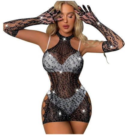 

JeashCHAT Plus Size Lingerie for Women Ladies Fashion Lingerie Fishnets Hollow Slim Fit Sexy Shiny Drill Halter Neck Hip Package Dress Gloves Suit