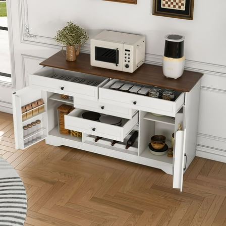 54 Inch White Farmhouse Buffet Sideboard with Storage Cabinet, Wood Top and Adjustable Shelf for Kitchen and Dining Room
