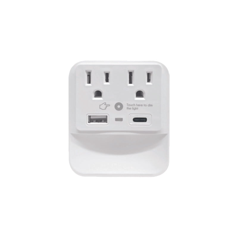 CIAO-TECH 2 AC Outlets +1 USB-A +1 USB-C Output Ports with LED Dusk to Dawn Sensing Light & 540 Joules Surge Protection- White