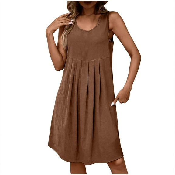 Yghzkop Womens Cotton Linen Dresses Sleeveless Round Neck Shift Dress Pleated Summer Solid Color Casual Breathable Dress Vacation Everyday Wear Midi Dress