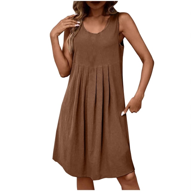 Amzcrzy Robes pour Femmes Couleur Unie Coton Lin Robe Mode Sans Manches Robes d'Été Col Rond Robe Décontractée Plissée à Volants Mini Robe