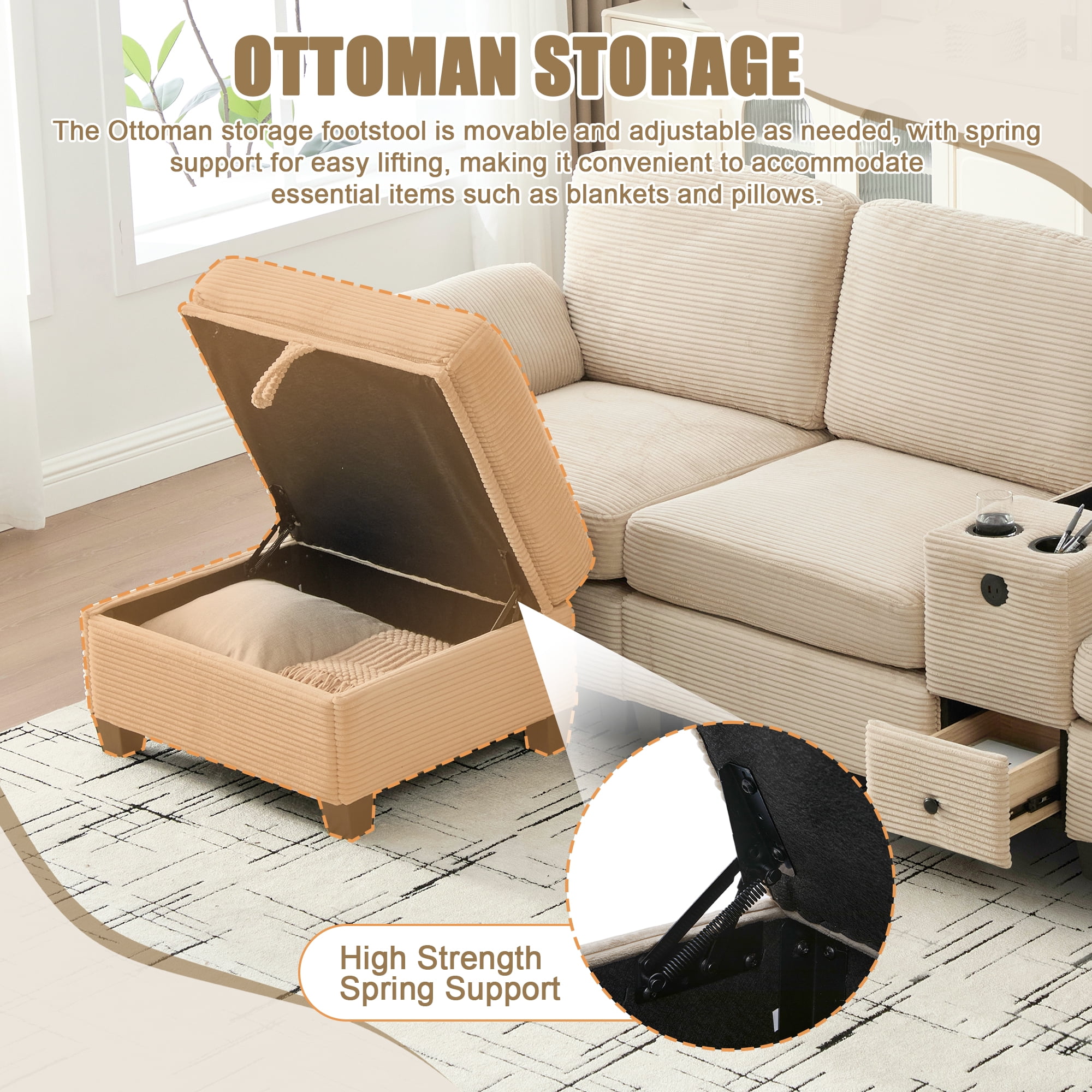 MOONMISS Corduroy Upholstered L-Shaped 4-seater Storage Multifunctional Sectional Sofa with Storage Ottoman-Khaki