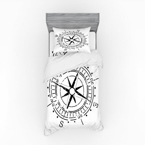 Ambesonne Compass Bedding Set 3 Pcs, Monochrome Simplistic, Twin, Charcoal Grey and White