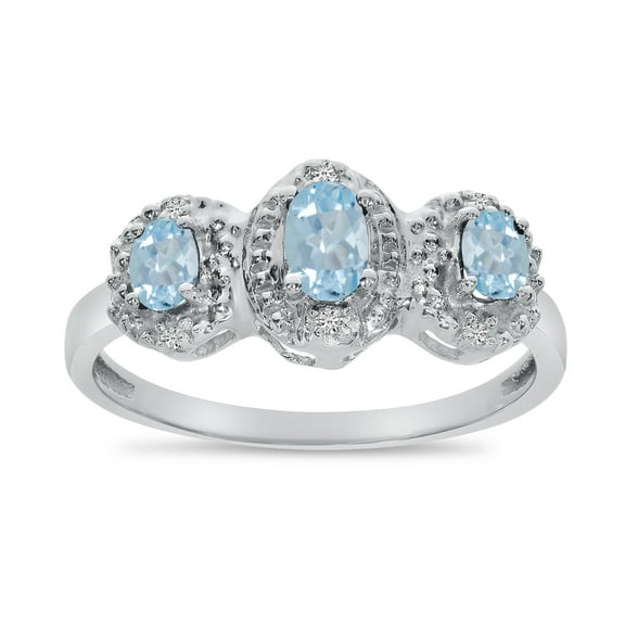 14k White Gold Oval Aquamarine And Diamond Three Stone Ring