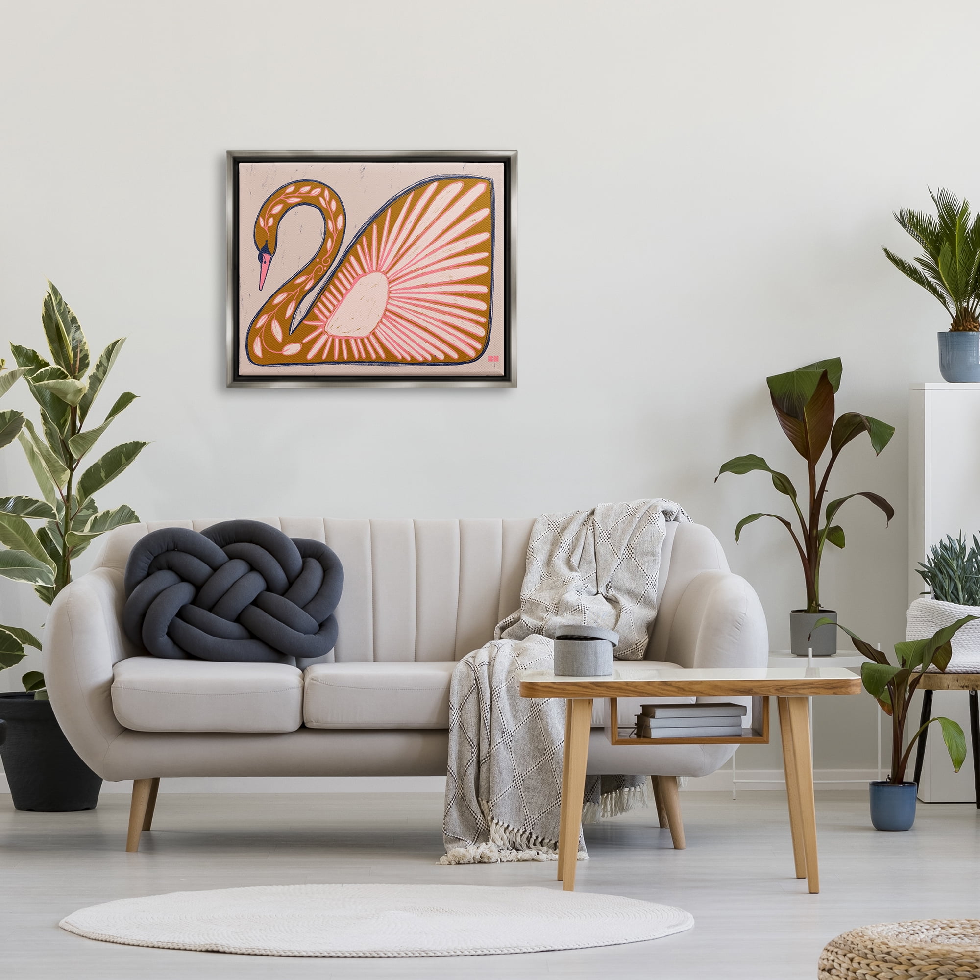 Stupell Industries Boho Patterned Swan Animals & Insects Painting Gray Floater Framed Canvas Art Print Wall Art, 31 x 25
