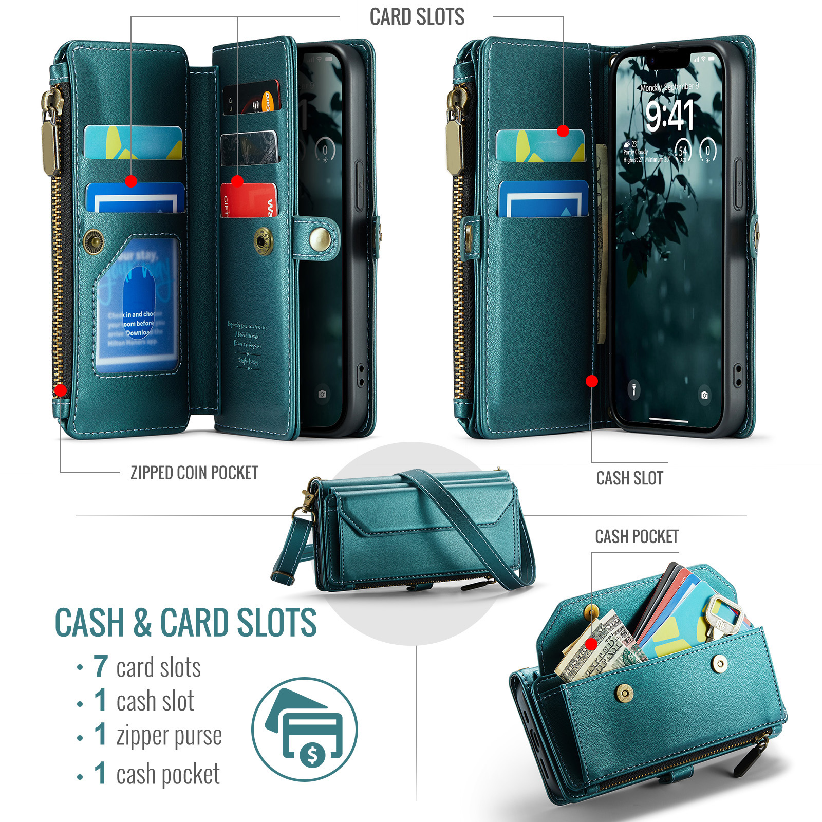 Compatible with iPhone 16e/SE 2025/SE 4 Zipper Wallet Phone Case Tempered Glass Screen Protector Crossbody Lanyard Strap Flip Card Holder Slot Cell Cover for i Phone16e i16e 16 e SE4 Women Green
