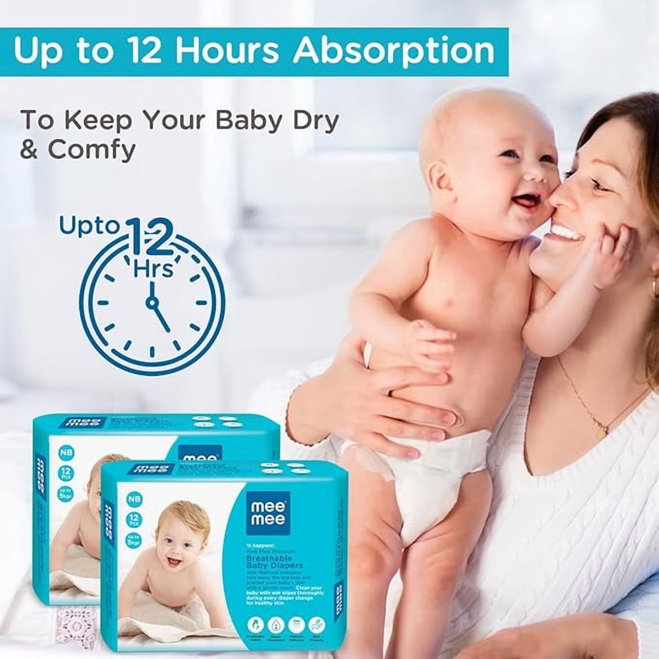 Mee Mee Premium Breathable Baby Diapers | (NB) Size Baby Taped Diapers | 12 PIECES(pack of 2)