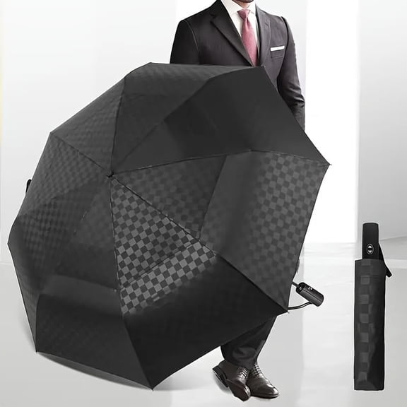 62-Inch Large Checkered Golf Umbrella, Automatic Windproof Double-Layer Canopy, 8 Ribs, Sturdy, Durable, Foldable, Upf 50 , Convenient Travel Umbrella