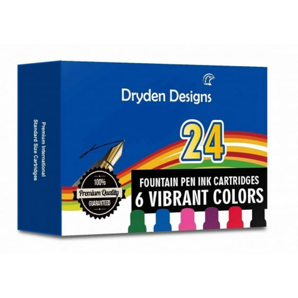 (6 Assorted Colors) - Dryden Fountain Pen Ink Cartridges ✮ Assorted Colours: Black, Blue, Green, Purple, Red, Pink ✮ Short International Standard Size