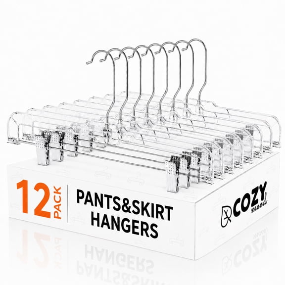 Cozymood 12 Pack Pants Hangers with Clips, 14" Space Saving Skirt Hangers, Non-Slip Heavy Duty Plastic Closet Organizers with 360° Swivel Hook