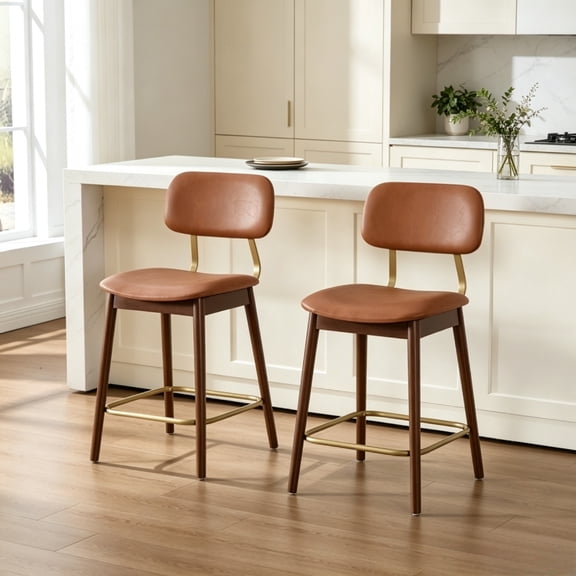 Set of 2 Wooden Counter Height Bar Stools, Modern Farmhouse Vinyl Upholstered Bar Chairs with Back for Kitchen Island, Dining Room, Bar