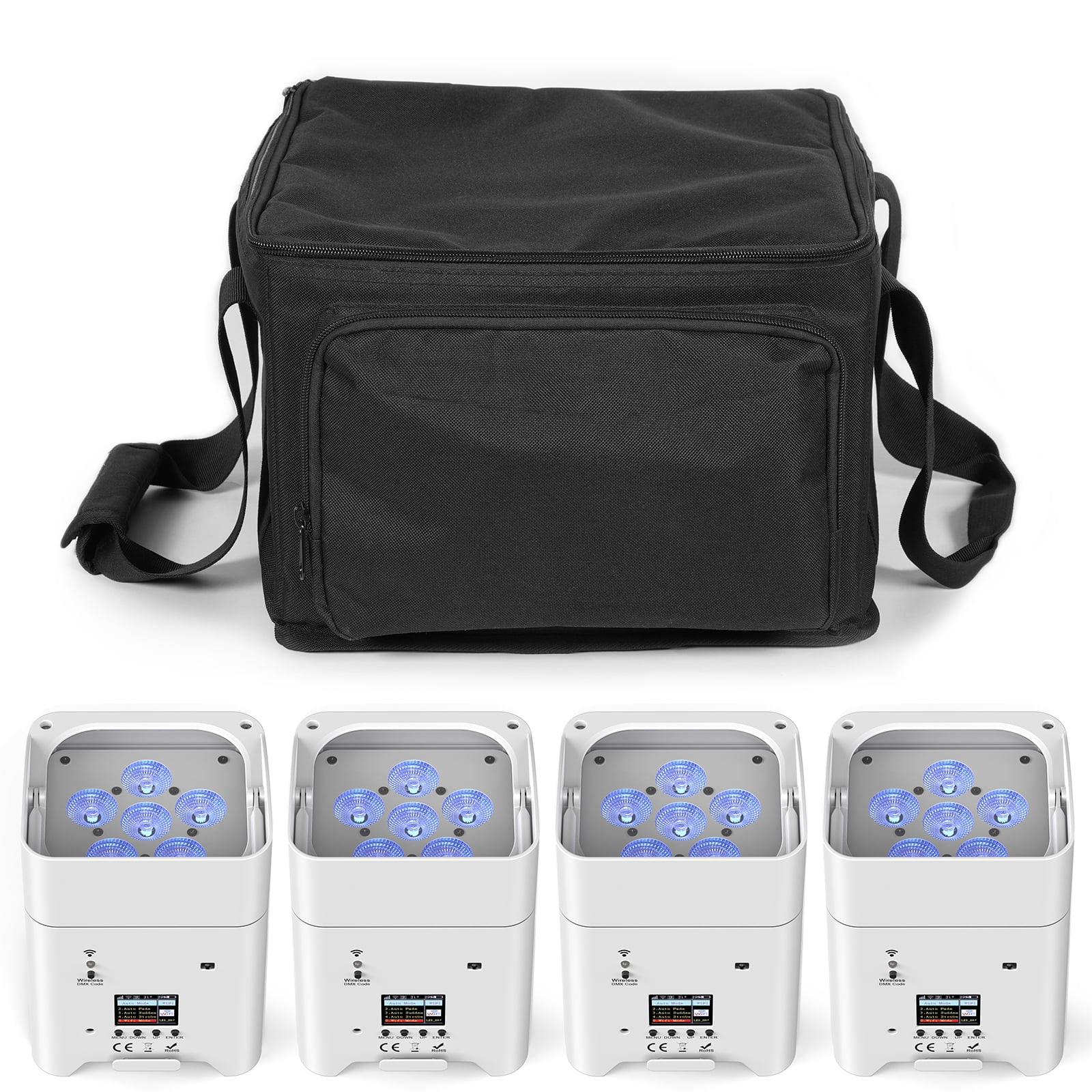 4Pack 108W Battery LED Par Spotlight Rechargeable RGBWA+UV WiFi/DMX/APP Stage Light w/ 1 Bag, White