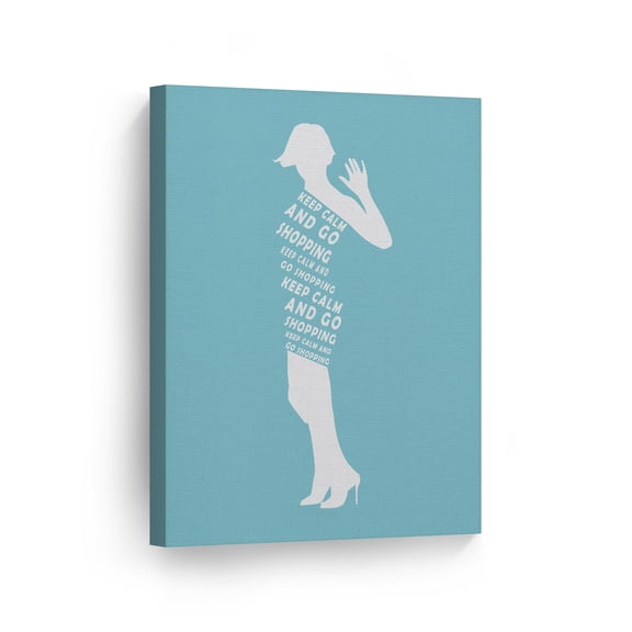 Smile Art Design Keep Calm and Go Shopping Lady Silhouette Blue Typography Glam Fashion Canvas Wall Art Print Office Bathroom Girls Room Women Dorm Bedroom Living Room Wall Decor Ready to Hang 22x15